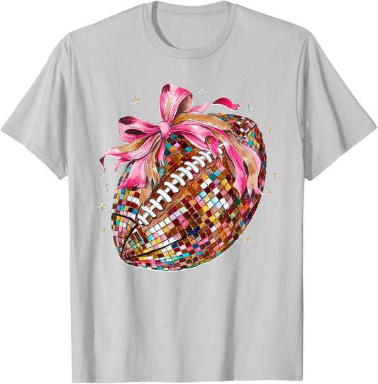 Coquette Bow Disco Funny Football Game Day Touchdown Season T-Shirt - T-Shirt | Ash