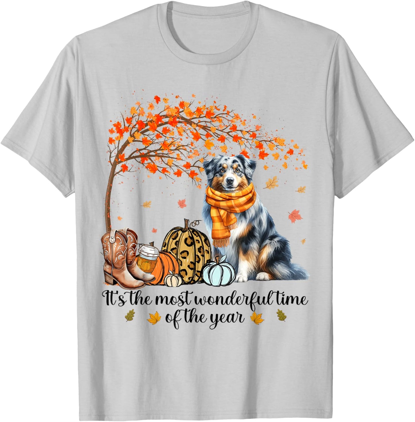 Fall Maple Tree Print Dog Lover Happy Thanksgiving Australian Shepherd Autumn Fall T-Shirt - T-Shirt | Ash