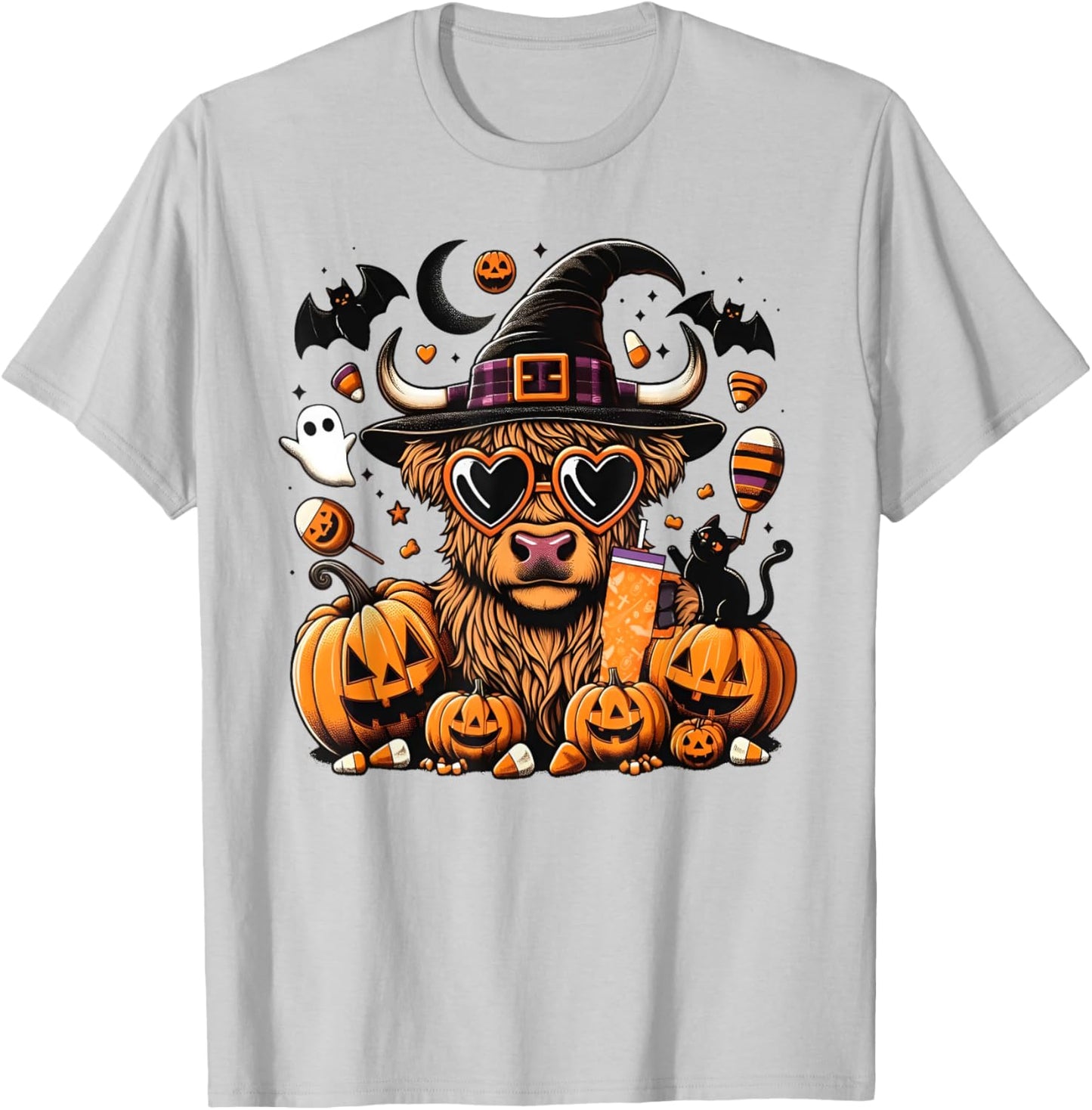Halloween Highland Cow Witchy Cow Spooky Pumpkin Hello Fall T-Shirt - T-Shirt | Ash