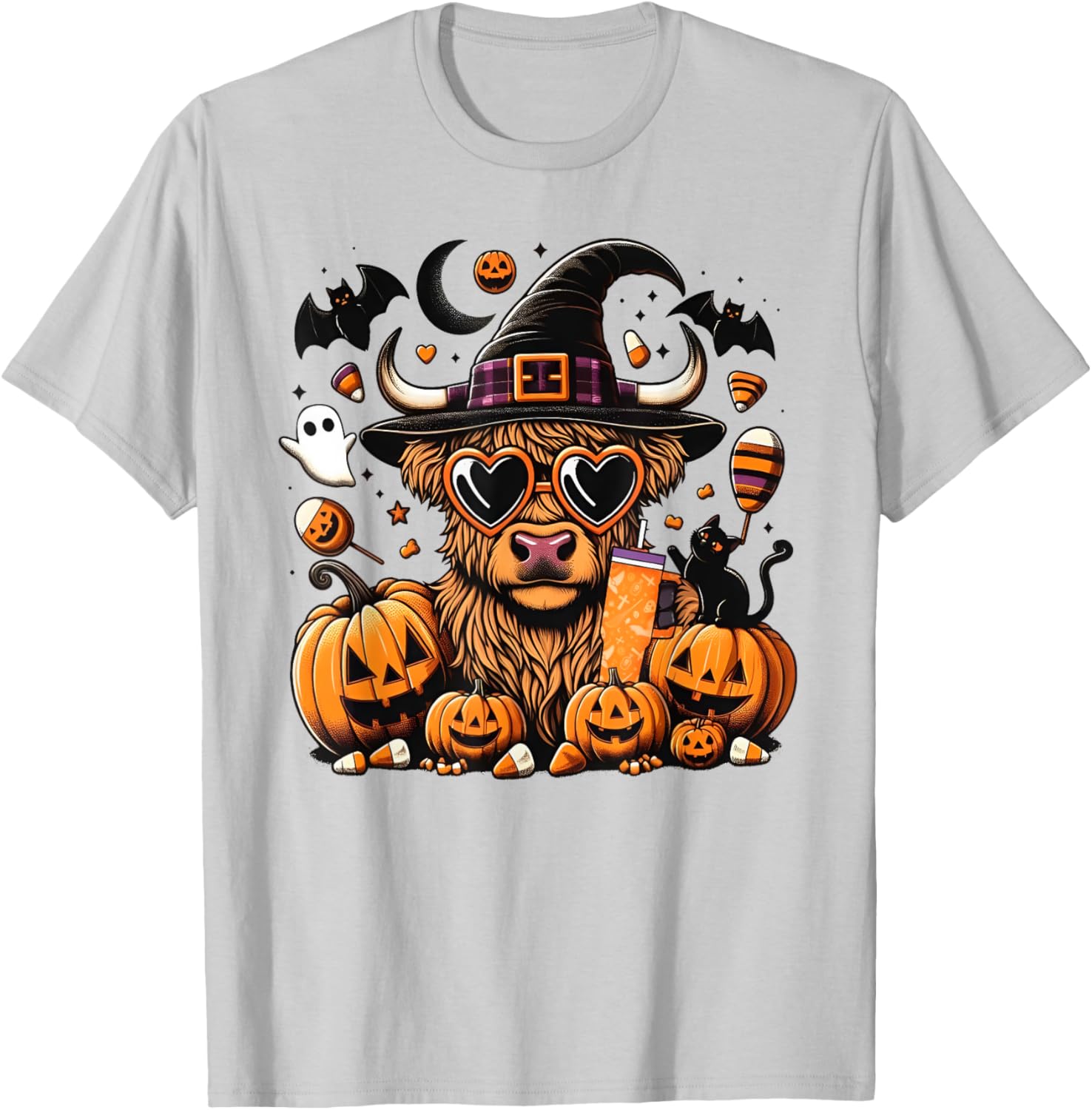 Halloween Highland Cow Witchy Cow Spooky Pumpkin Hello Fall T-Shirt - T-Shirt | Ash