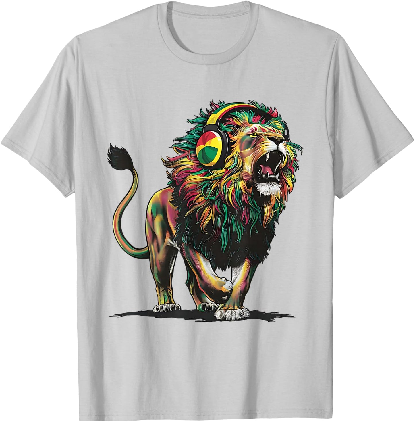 Reggae Lion Jamaican Pride With Rasta & Headphones T-Shirt - T-Shirt | Ash