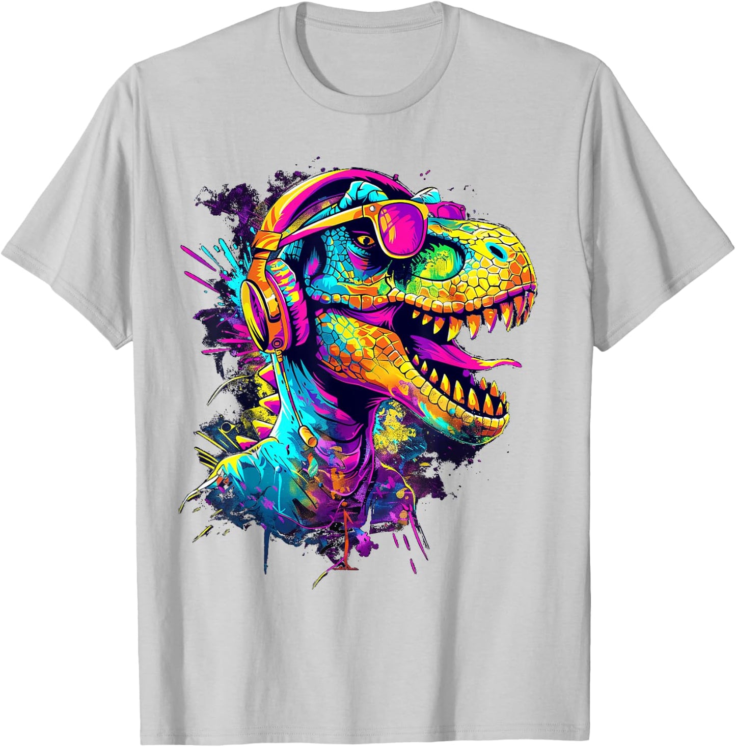 colored dinosaur DJ With Headphones and Sunglasses dino T-Shirt - T-Shirt | Ash
