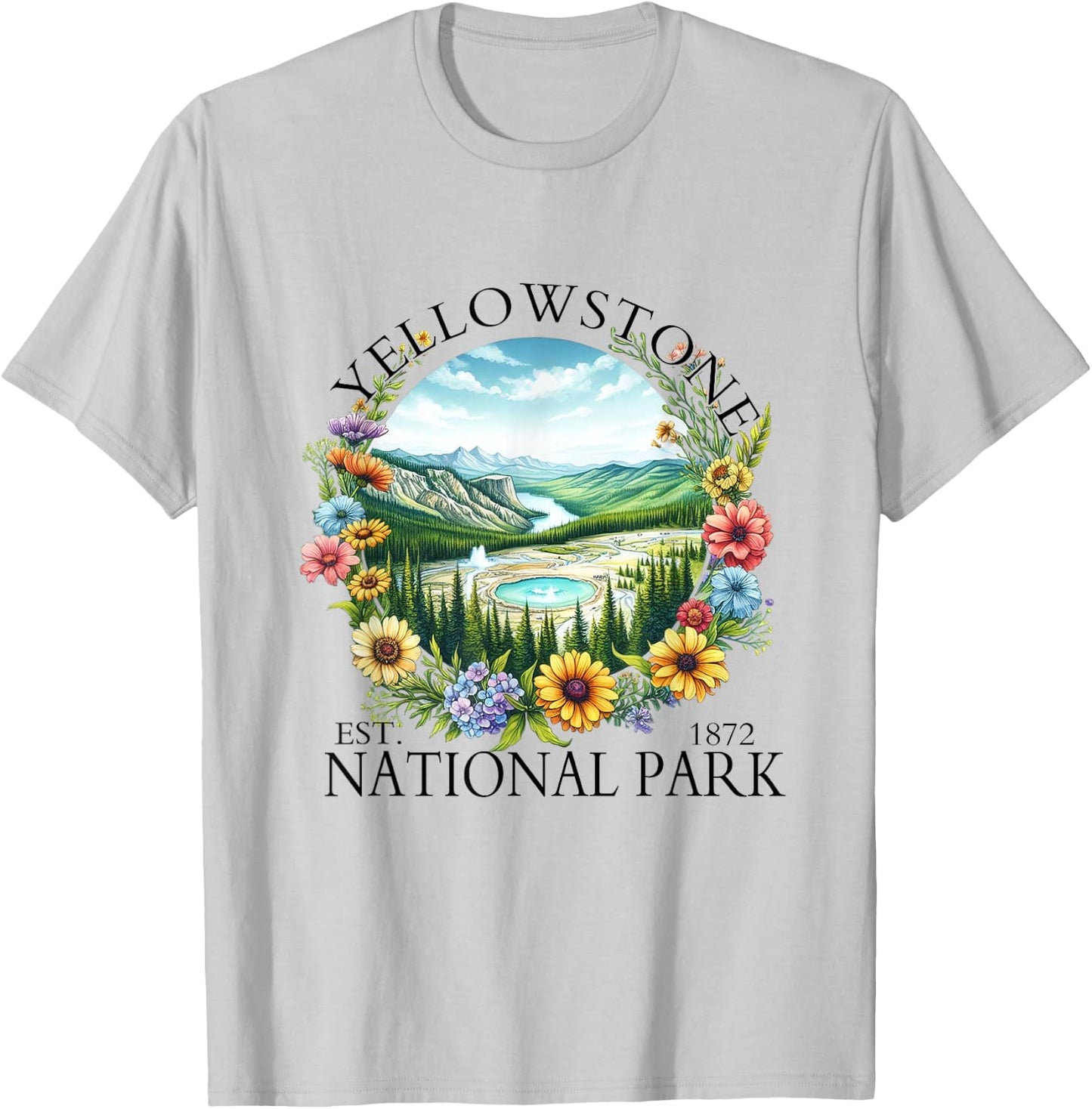 Floral Yellowstone National Park Hiking Camping Outdoor T-Shirt - T-Shirt | Ash