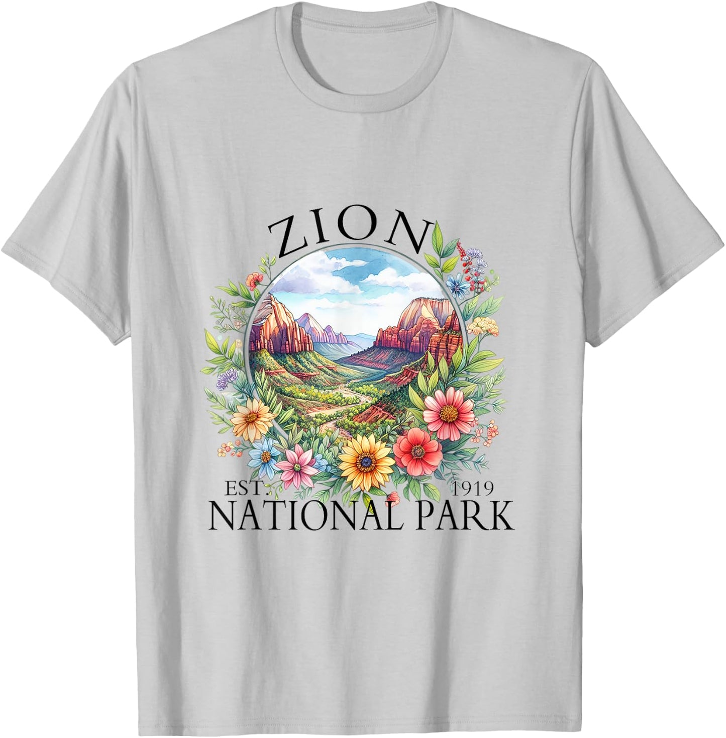 Retro Floral Zion National Park Hiking Camping Outdoor T-Shirt - T-Shirt | Ash