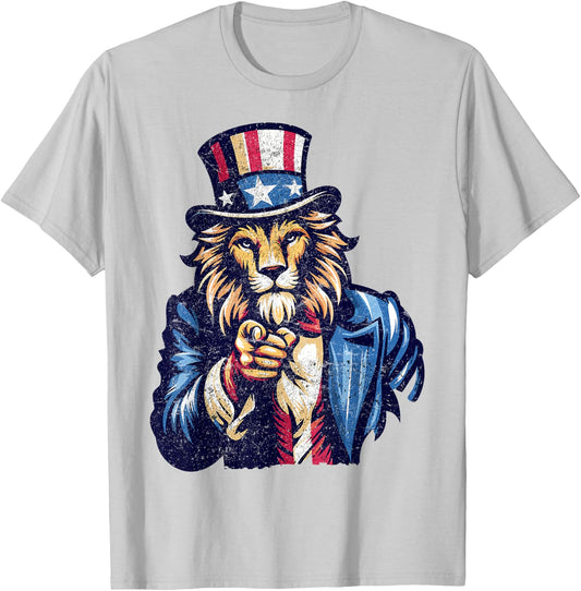Lion Uncle Sam Pointing Finger 4th Of July Patriotic Men Dad T-Shirt - T-Shirt | Ash