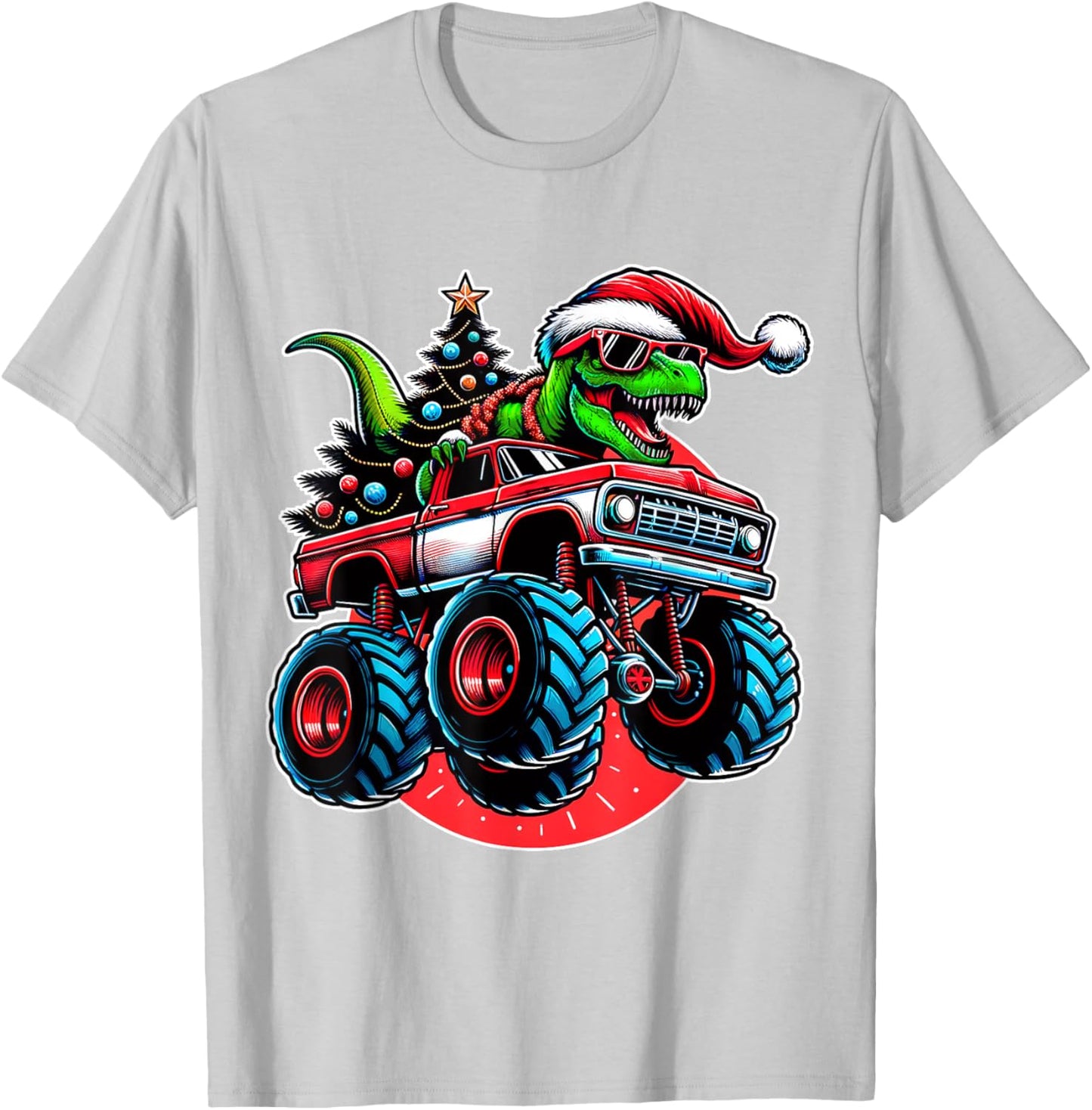 Christmas T Rex Monster Truck Boys Dinosaur Santa Xmas Funny T-Shirt - T-Shirt | Ash