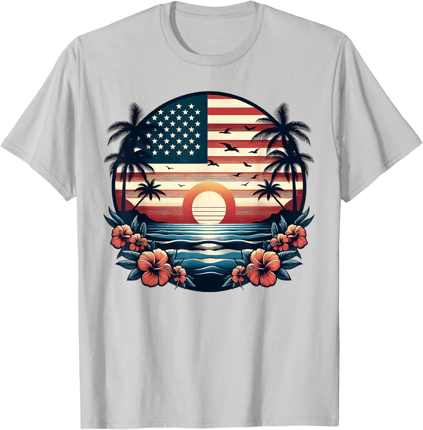 American Flag Palm Trees USA Patriotic 4th of July Summer T-Shirt - T-Shirt | Ash