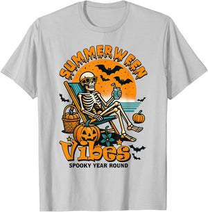 Summerween Vibes Funny Skeleton Spooky Year-round Beach T-Shirt - T-Shirt | Ash