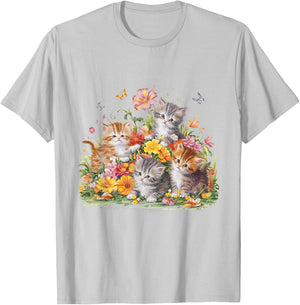 Floral Vintage Aesthetic Painted Kittens and Pressed Flower T-Shirt - T-Shirt | Ash