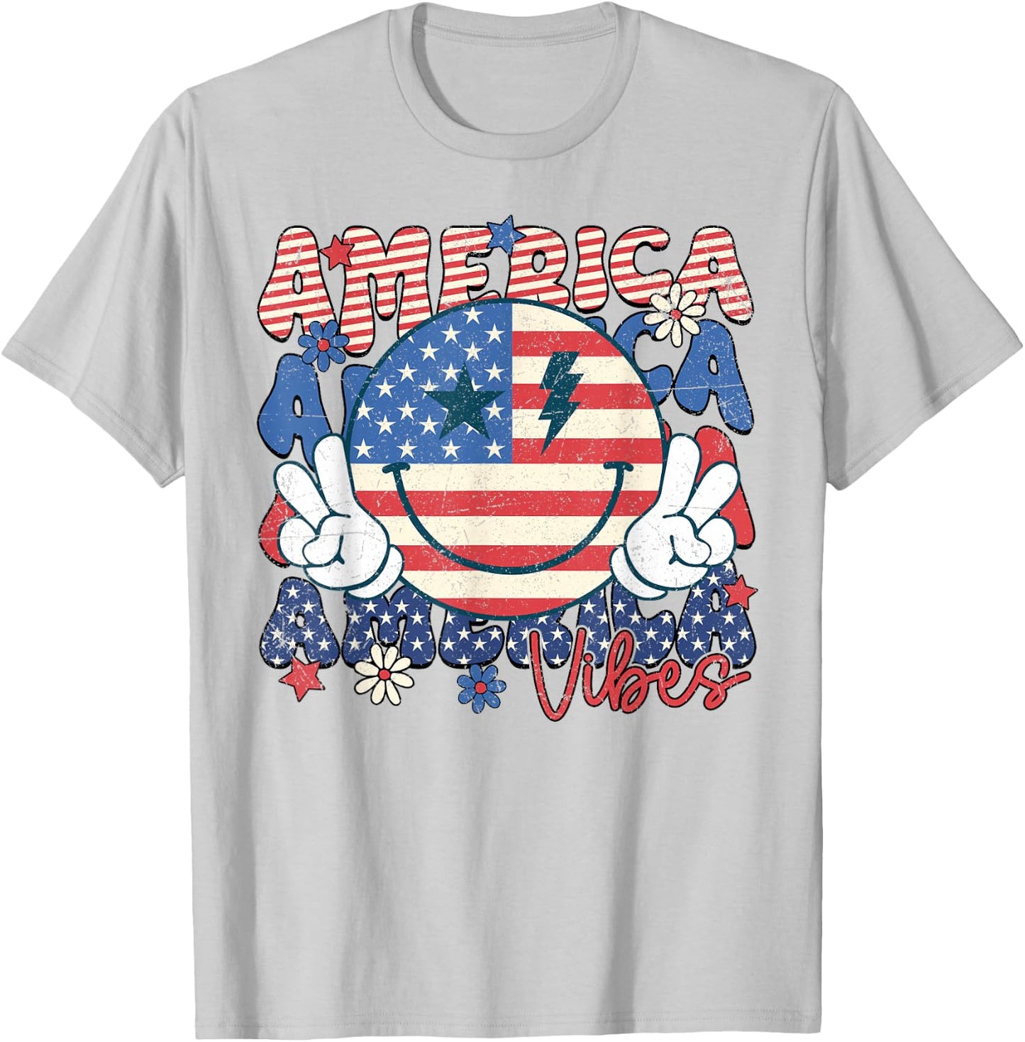 Retro 4th of July America Vibes Smile Face Girls T-Shirt - T-Shirt | Ash