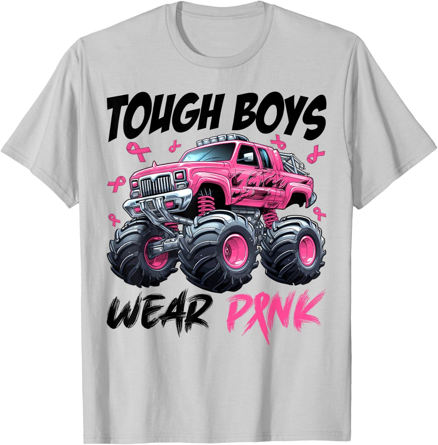 Tough Boys Wear Pink Monster Truck Breast Cancer Awareness T-Shirt - T-Shirt | Ash