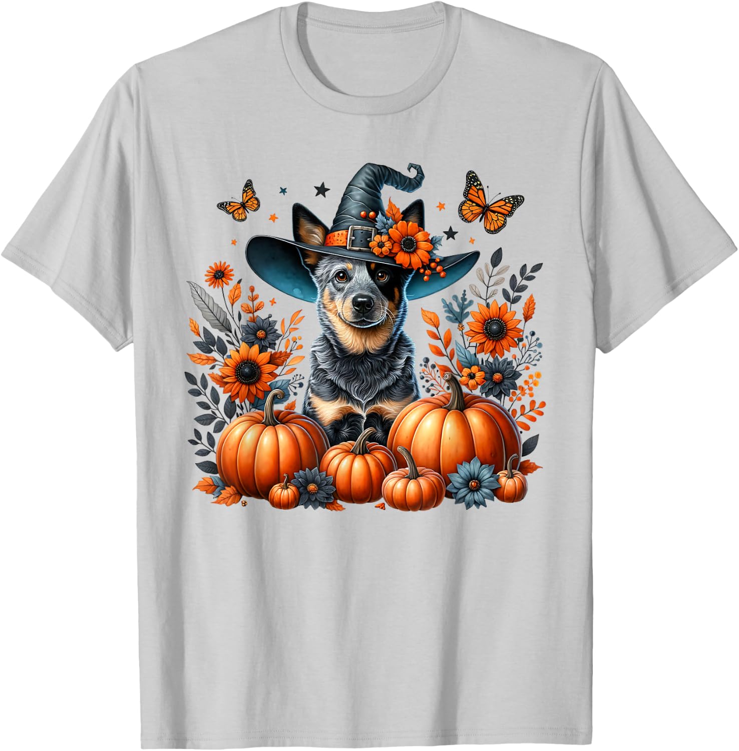 Halloween Blue Heeler Dog Pumpkin Autumn Season Flowers T-Shirt - T-Shirt | Ash