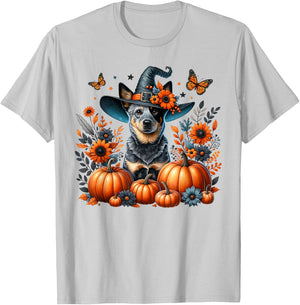 Halloween Blue Heeler Dog Pumpkin Autumn Season Flowers T-Shirt - T-Shirt | Ash