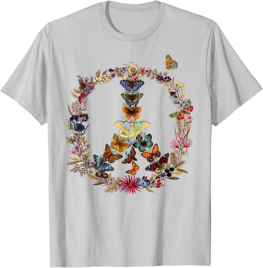 Peace Sign Butterflies flowers 60's 70s Retro Hippie T-Shirt - T-Shirt | Ash