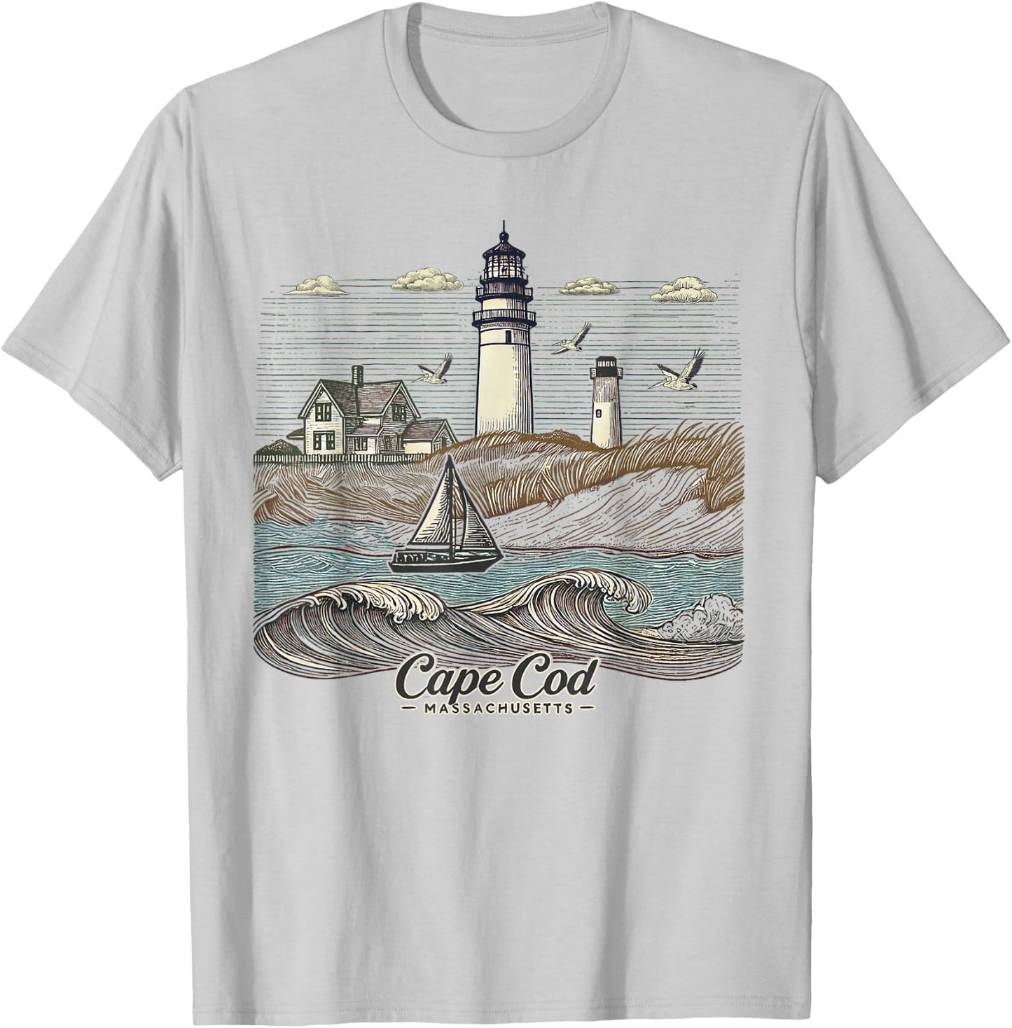 Vintage Cape Cod Massachusetts Nautical Lighthouse Seashore T-Shirt - T-Shirt | Ash