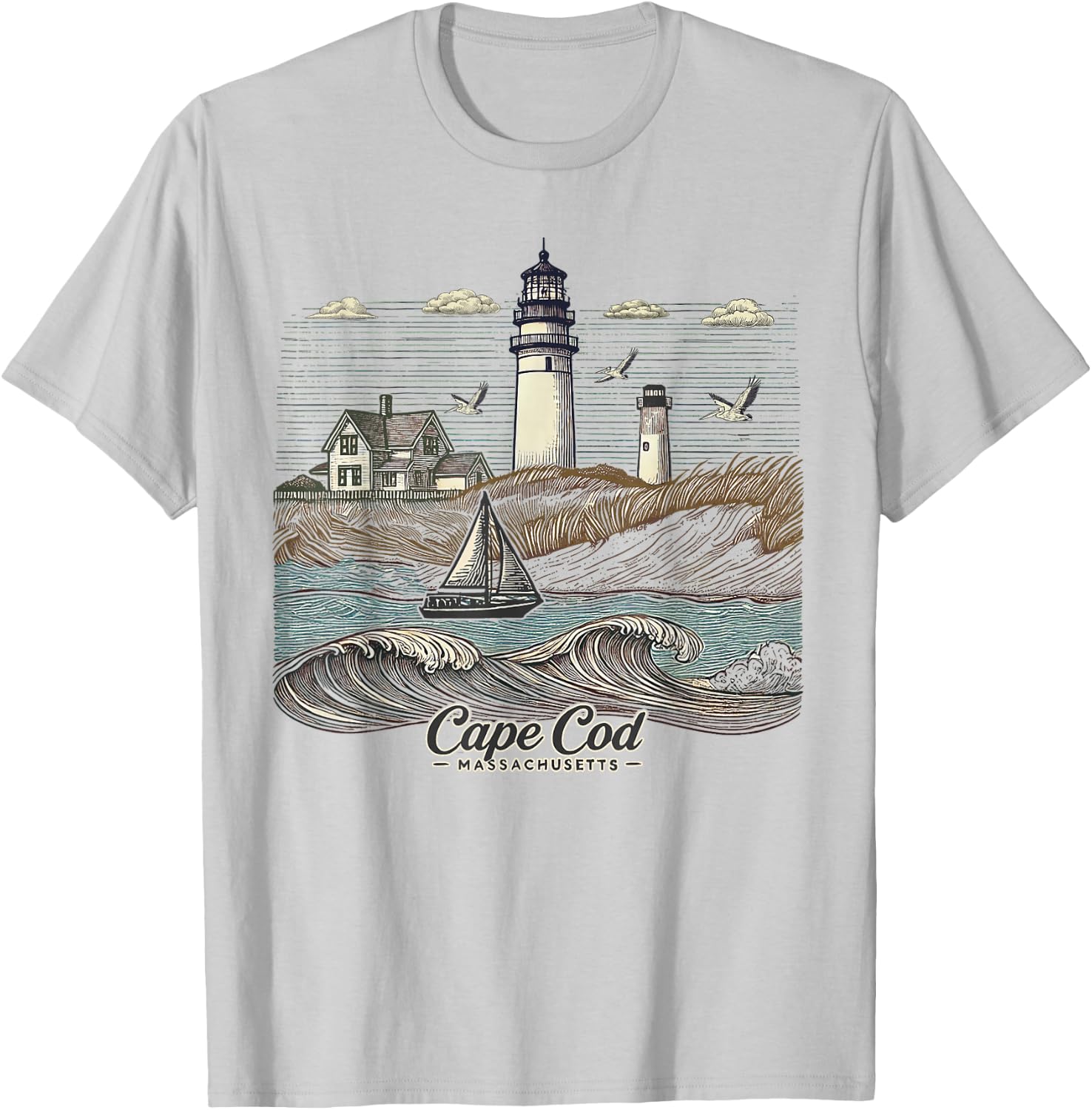 Vintage Cape Cod Massachusetts Nautical Lighthouse Seashore T-Shirt - T-Shirt | Ash