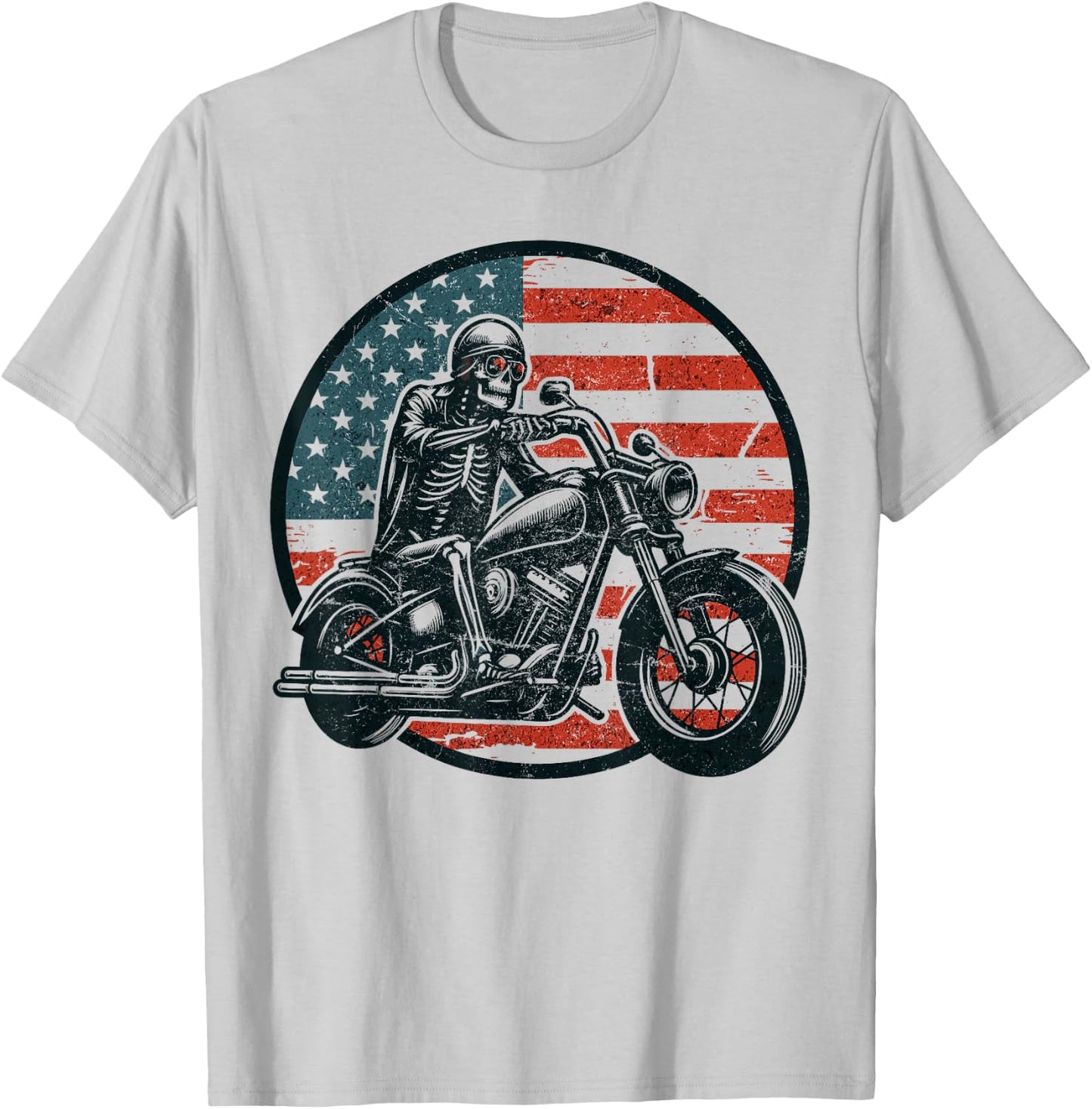 US Flag Motorcycle Skeleton Biker 4th July American Men Dad T-Shirt - T-Shirt | Ash