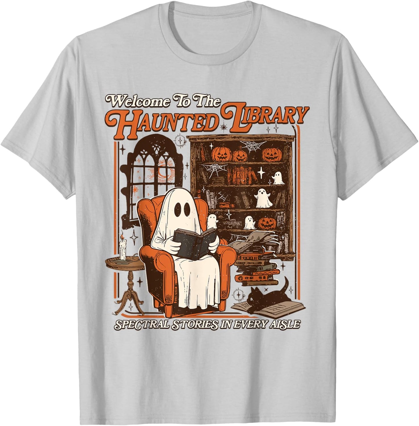 Halloween Funny Ghost Welcome To The Haunted Library T-Shirt - T-Shirt | Ash