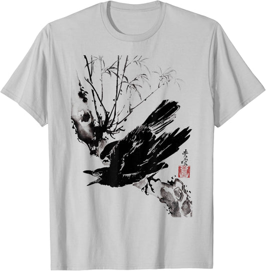 Crow Raven Bird Gothic Vintage Japanese Ukiyo-e Woodblock T-Shirt - T-Shirt | Ash