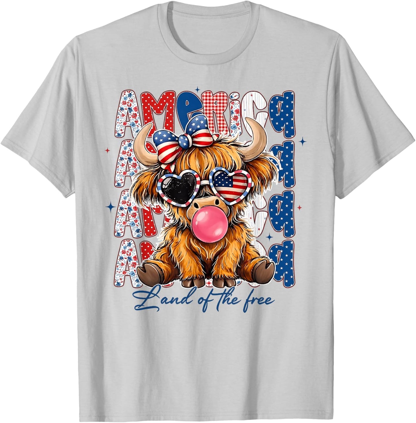 4th of July Highland Cow USA Flag Sunglasses Girl Women T-Shirt - T-Shirt | Ash