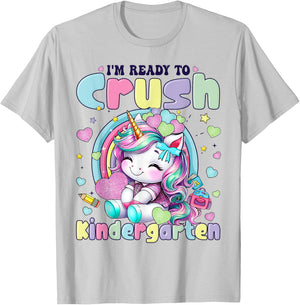 I'm Ready To Crush Kindergarten 2025 Cute Unicorn Girls T-Shirt - T-Shirt | Ash