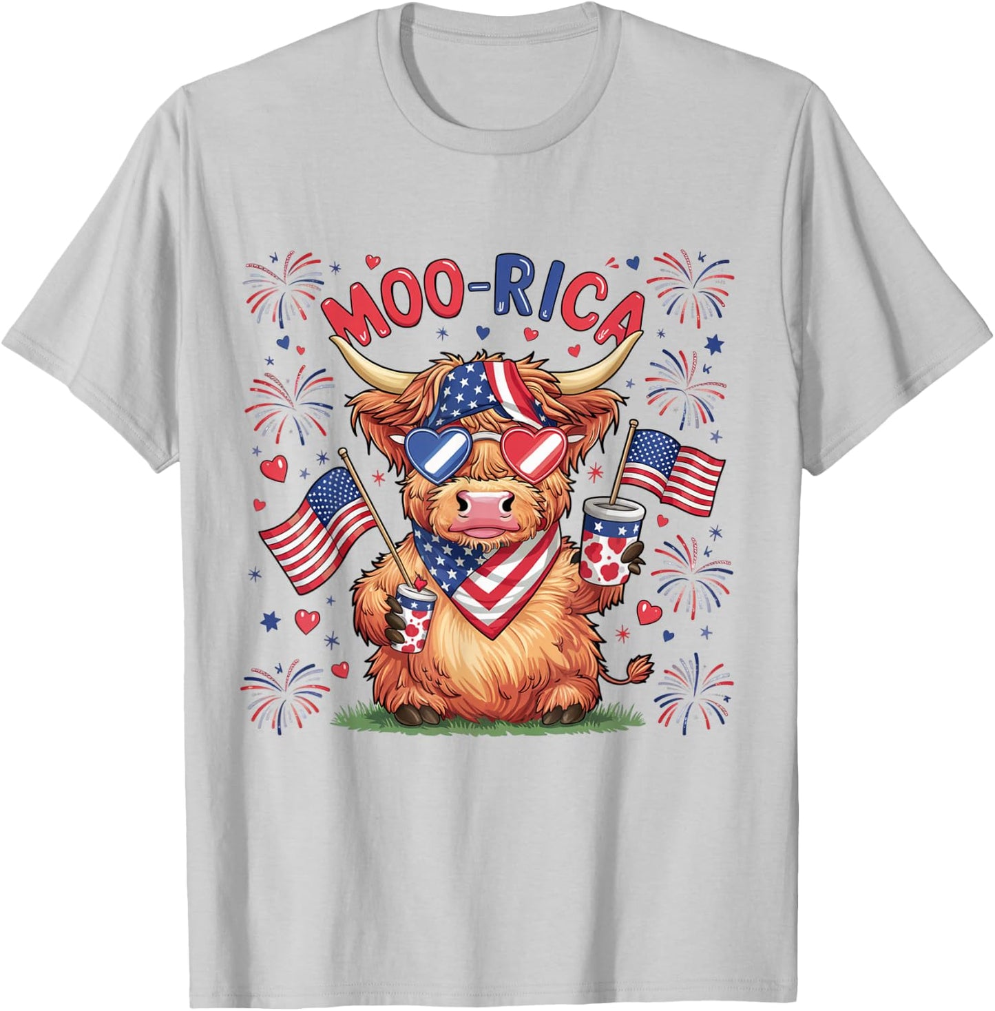Moo-Rica Western America Highland Cow 4th Of July USA Flag Kids Men T-Shirt - T-Shirt | Ash