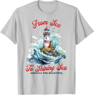 Patriotic from Sea to Shining Sea Lighthouse 4th of July T-Shirt - T-Shirt | Ash
