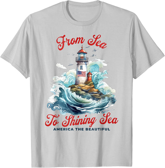 Patriotic from Sea to Shining Sea Lighthouse 4th of July T-Shirt - T-Shirt | Ash