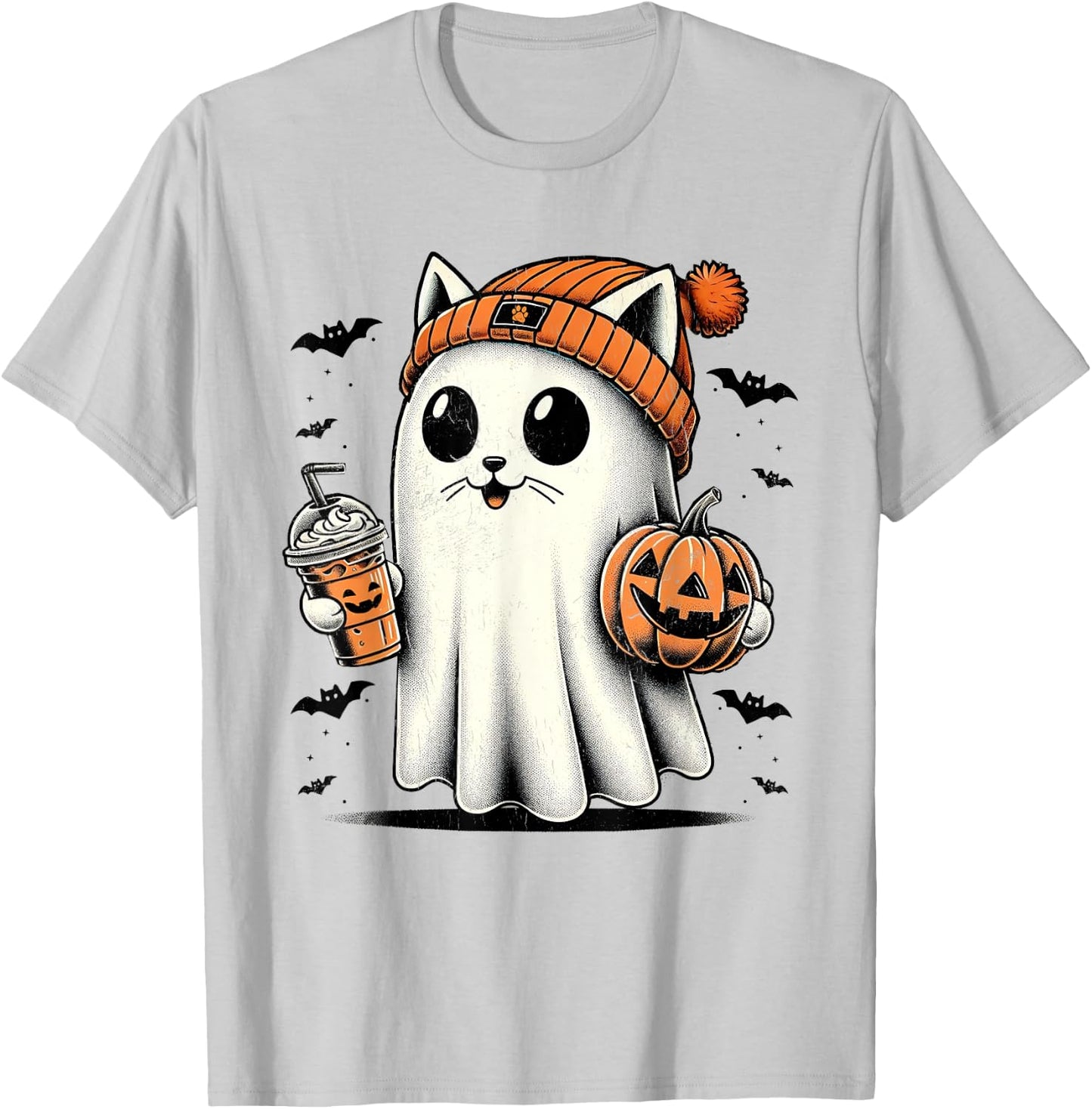 Cute Cat Ghost Iced Coffee Funny Ghost Halloween Ice Coffee Women Kids T-Shirt - T-Shirt | Ash
