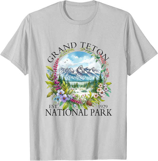 Floral Grand Teton National Park Hiking Camping Outdoor T-Shirt - T-Shirt | Ash