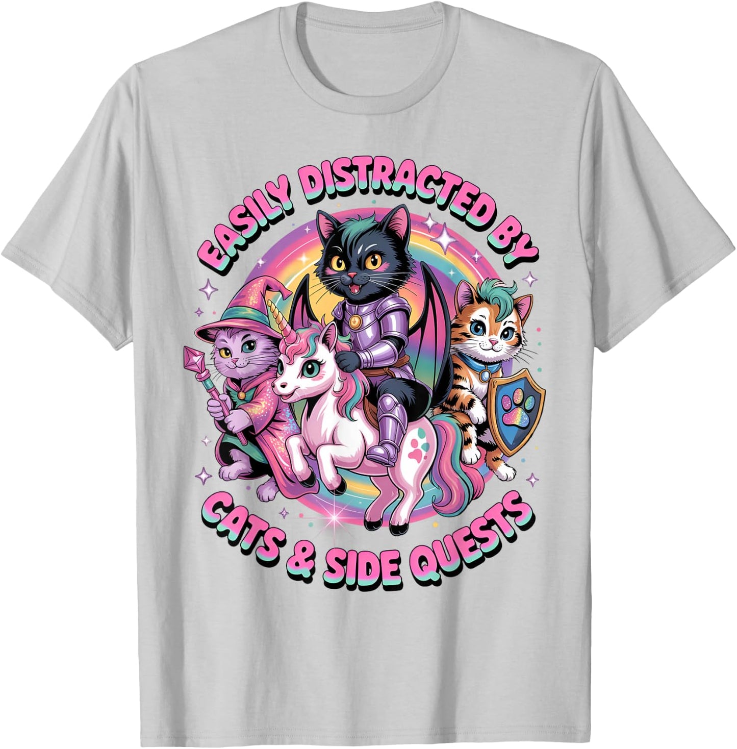 Gamer Cats Side Quest Distracted Cute Girls Unicorn RPG T-Shirt - T-Shirt | Ash