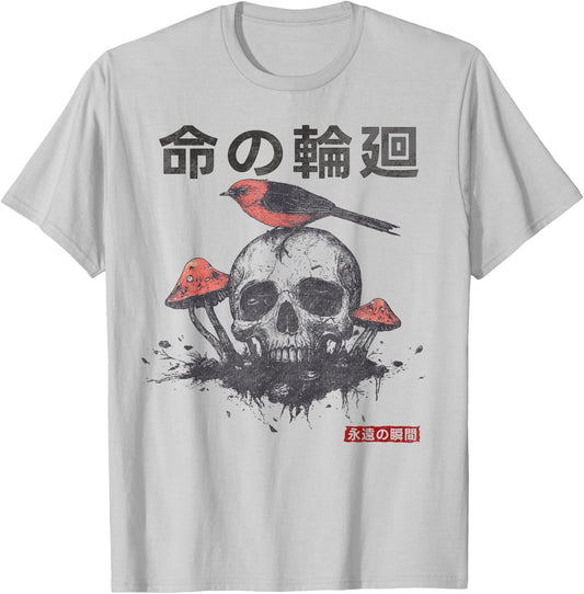 Japanese Retro Graphic Gothic Mushroom Skull Manga Horror T-Shirt - T-Shirt | Ash