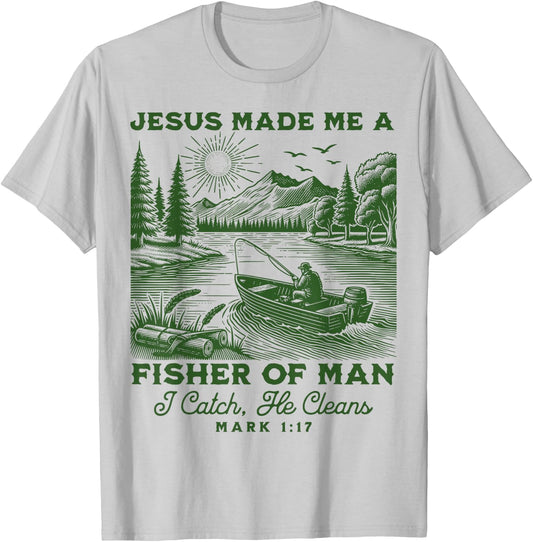 Fisher of Man Mark 1:17 Christian Scripture Jesus Fishing T-Shirt - T-Shirt | Ash