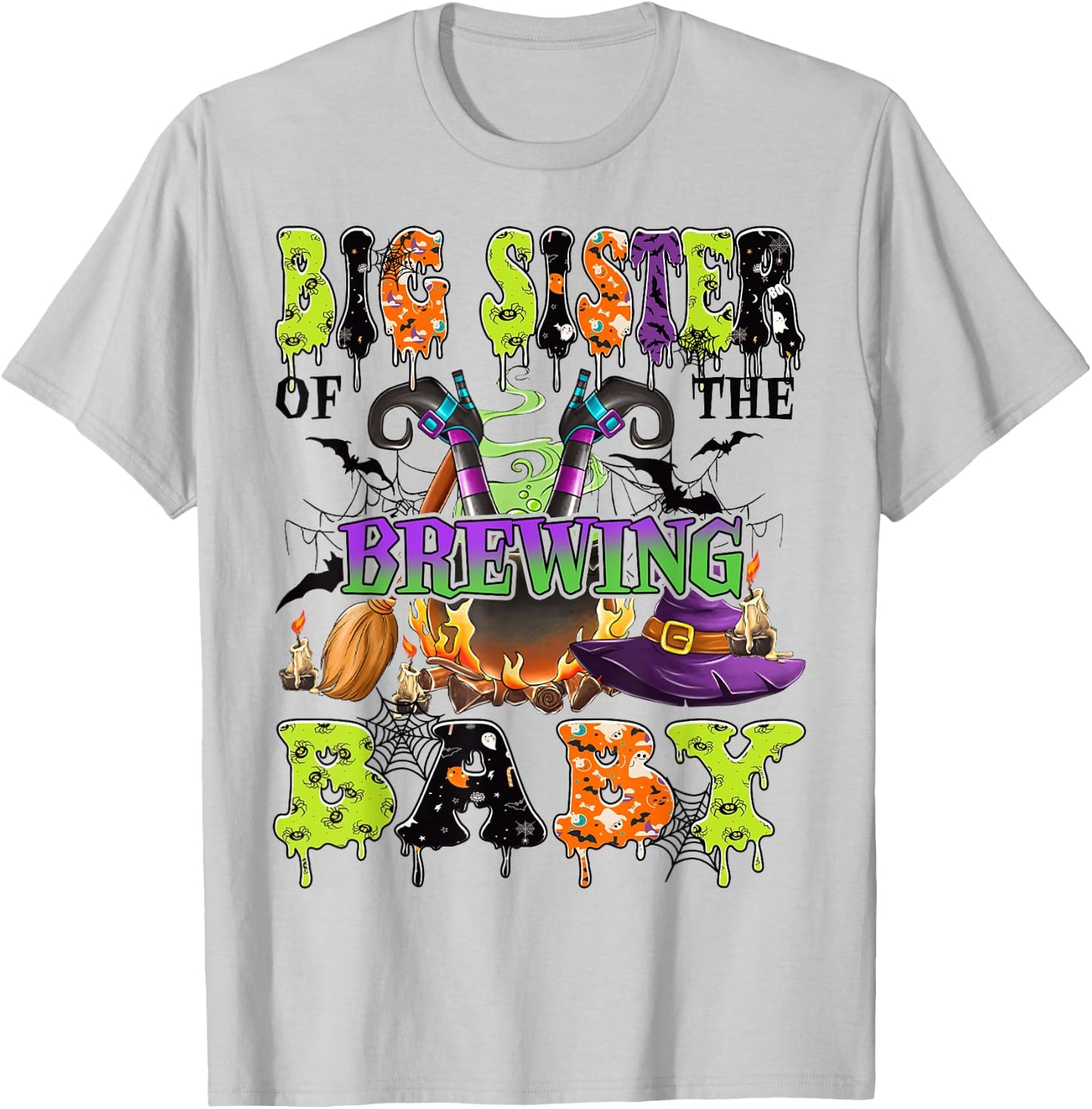 Big Sister Of The Brewing Baby Spooky Halloween Baby Shower T-Shirt - T-Shirt | Ash