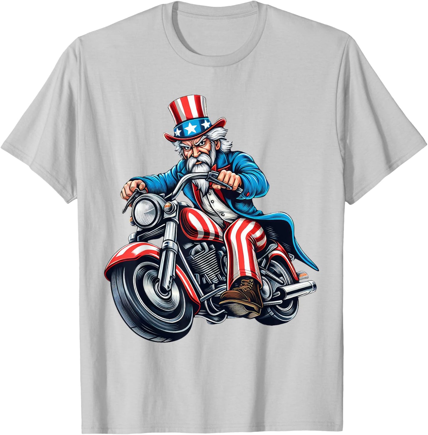 Uncle Sam Riding Motorcycle 4th of July Biker Motorcyclist T-Shirt - T-Shirt | Ash