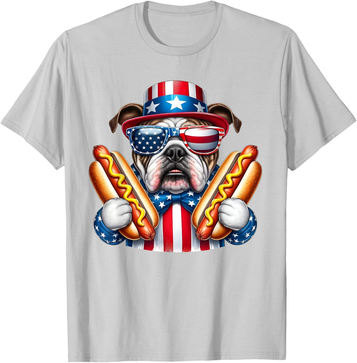 English Bulldog Dog 4th of July Hotdog USA Flag Patriotic T-Shirt - T-Shirt | Ash