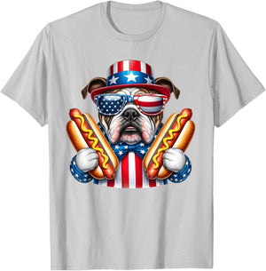 English Bulldog Dog 4th of July Hotdog USA Flag Patriotic T-Shirt - T-Shirt | Ash