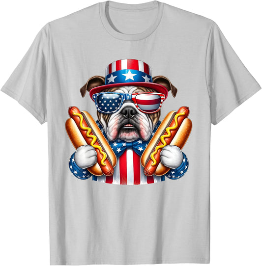 English Bulldog Dog 4th of July Hotdog USA Flag Patriotic T-Shirt - T-Shirt | Ash