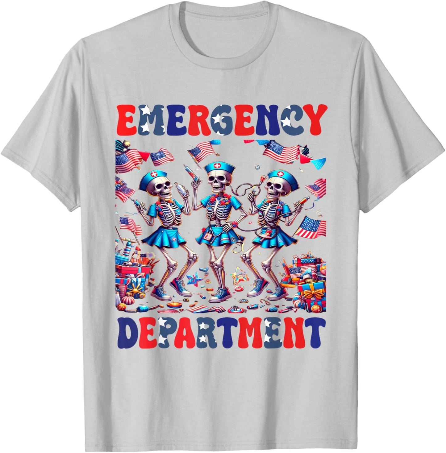 Nurse Skeleton Emergency Department 4th Of July Nurses T-Shirt - T-Shirt | Ash