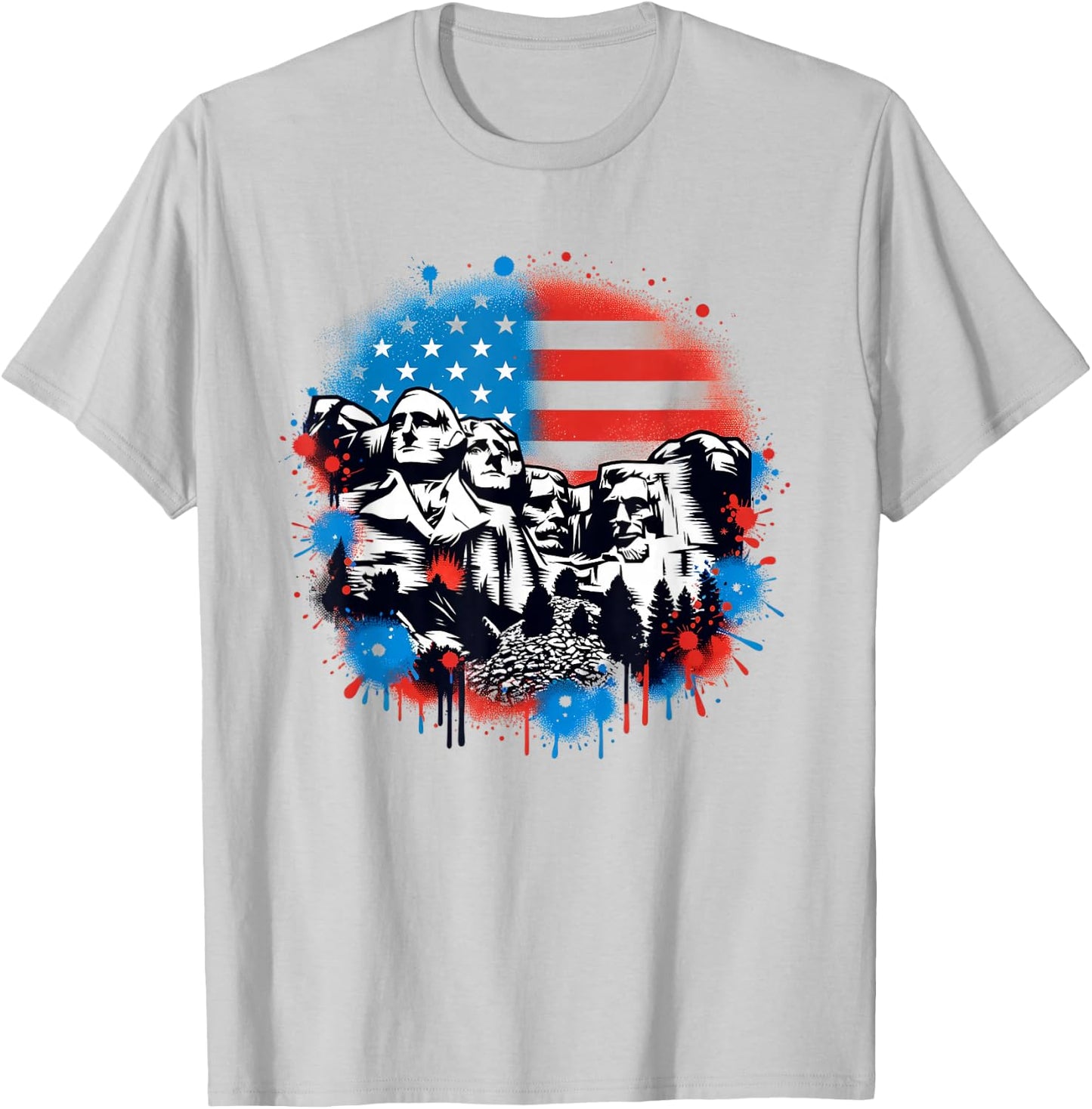 Mount Rushmore Paint Splatter American Flag USA Pride T-Shirt - T-Shirt | Ash