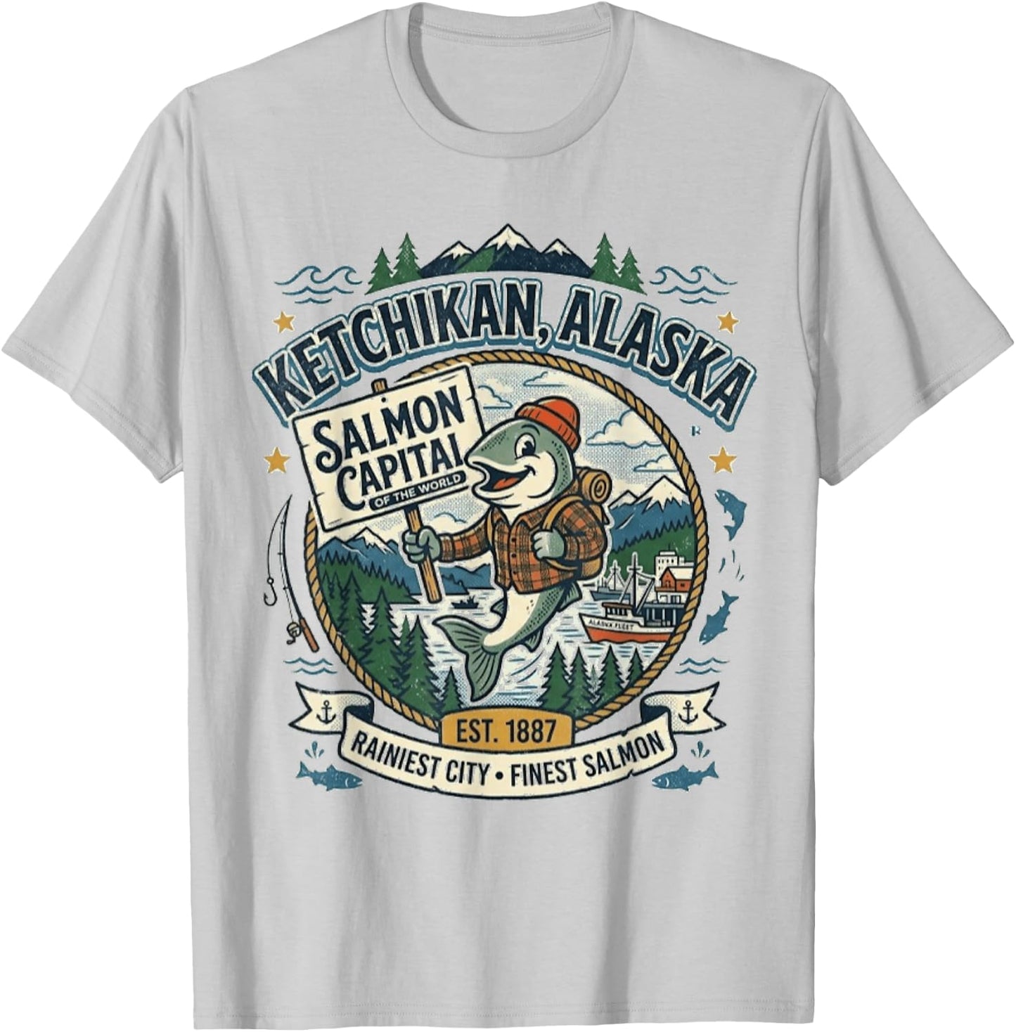 Ketchikan, Alaska - Salmon Capital - Vintage Mascot Logo T-Shirt - T-Shirt | Ash