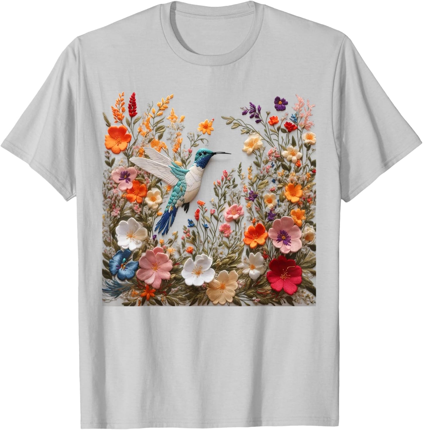 Embroidered Flower Hummingbird Floral Hummingbird in Bloom T-Shirt - T-Shirt | Ash