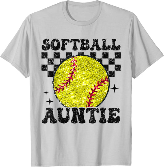 Softball Auntie Checkered Retro Funny Softball Aunt Family T-Shirt - T-Shirt | Ash