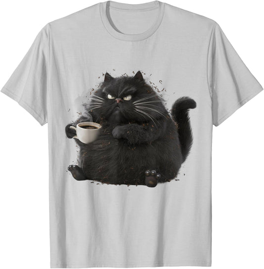 Cute Black Cat Coffee Angry Funny Drinking cat Coffee Men Women Girls Kids T-Shirt - T-Shirt | Ash