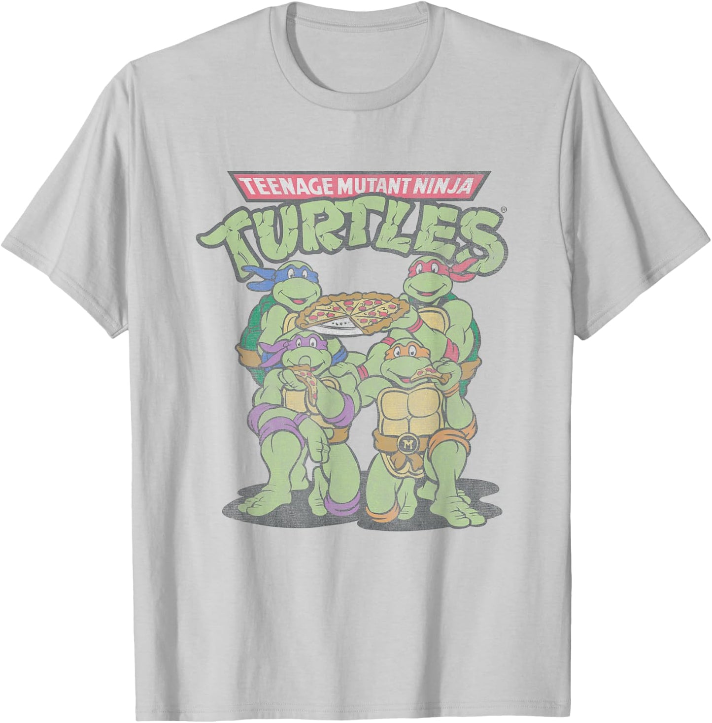Teenage Mutant Ninja Turtles Eating Pizza Vintage Group Shot T-Shirt - T-Shirt | Ash