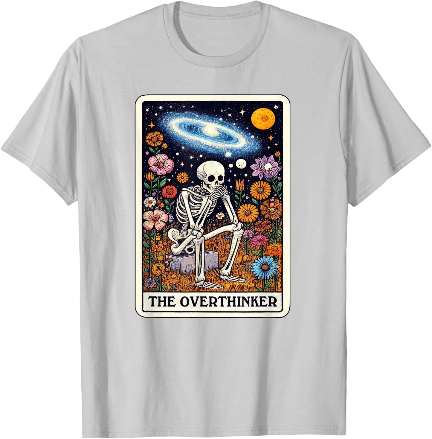Funny Over Thinker Cool Tarot Card Skeleton Graphic T-Shirt - T-Shirt | Ash