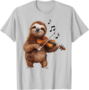 Funny Musician Violinist Cute Sloth Playing Violin T-Shirt - T-Shirt | Ash