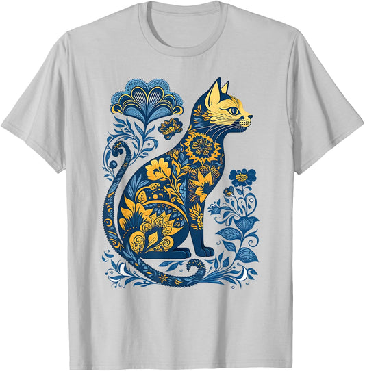 Ukraine Cat Floral Vintage Ukrainian Flag & Vyshyvanka Style T-Shirt - T-Shirt | Ash