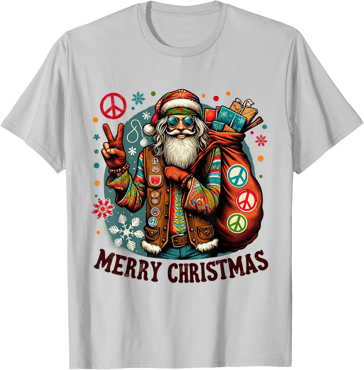 Hippie Santa Claus Christmas Peace Love & Merry X-Mas Winter T-Shirt - T-Shirt | Ash