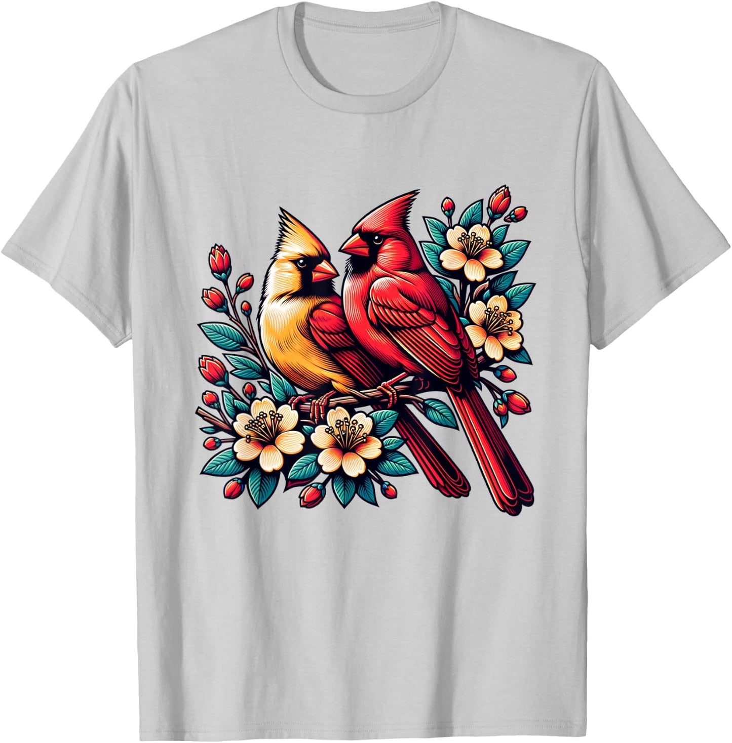 Cute Red Cardinal Couple on Flowering Branch Spring lovers T-Shirt - T-Shirt | Ash